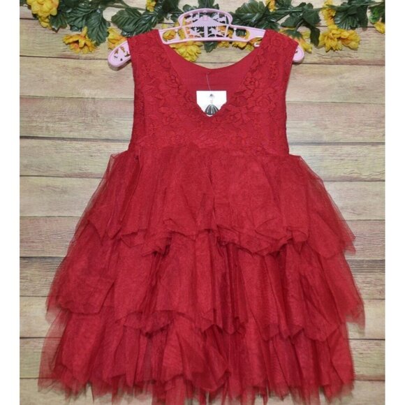 NWR Girls Red Lace & Mesh Layered Dress Bow Back Size 2T 90 Holiday Christmas - Picture 1 of 11